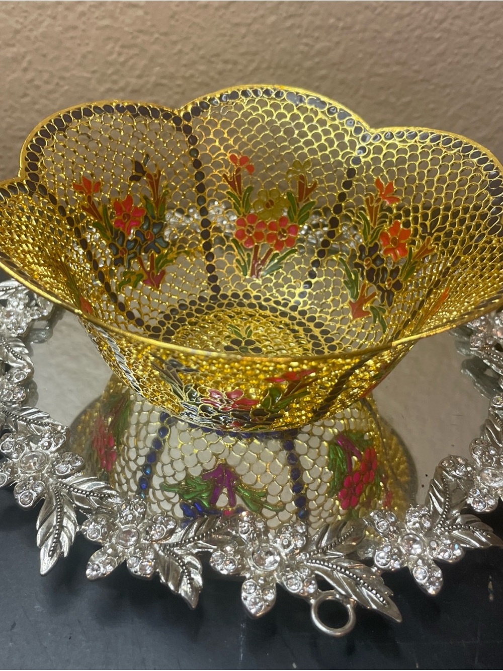 VTG Plique-a-jour Cloisonné Enamel 5” Scalopped Bowl